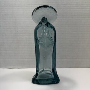 Hand-Blown Recycled Glass Figurine Virgin Mary Praying Pose, Blue Hue, 8” Tall